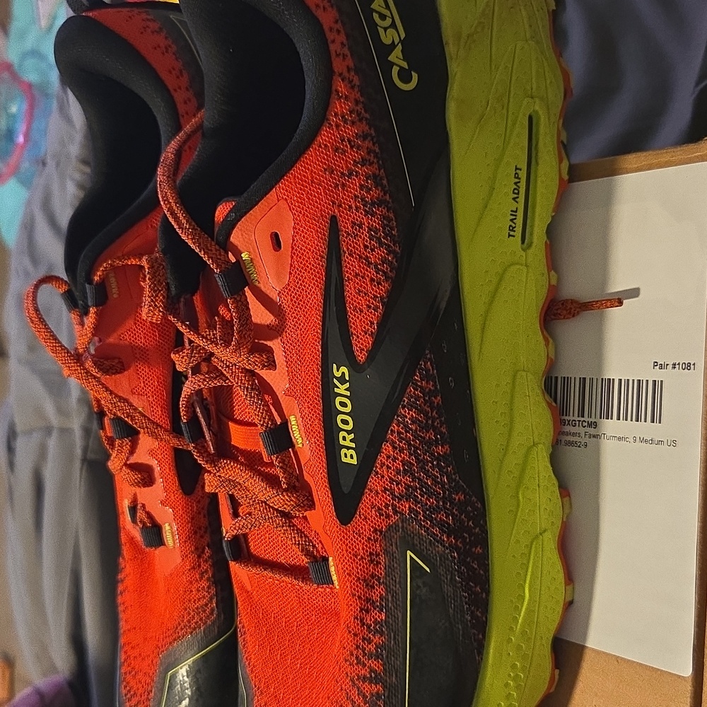 Brooks Size 14 Mens Red and Black Running Shoes with Yellow Accents
